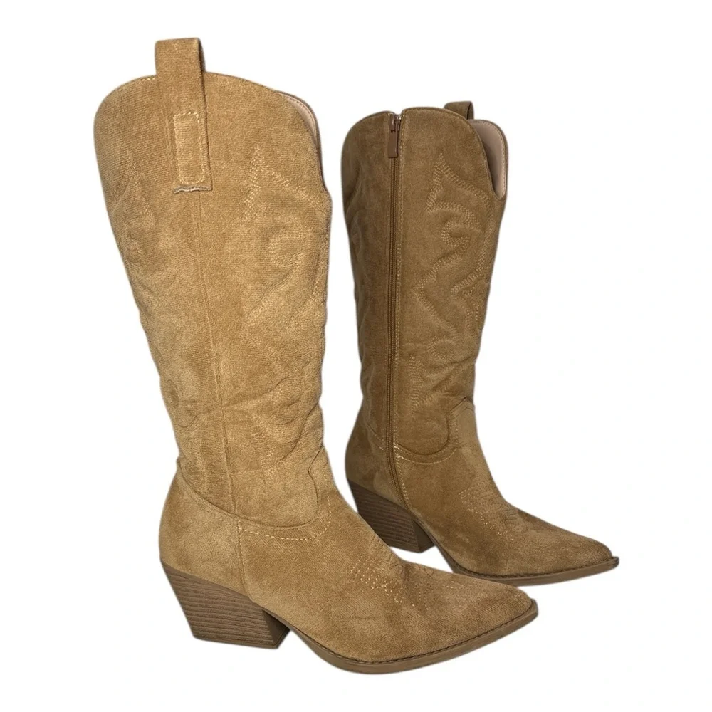 Top Moda Womens Sz 8 Cowboy Western Boots Pointy Toe Knee High Zipper Tan ELK-1 - Picture 2 of 8